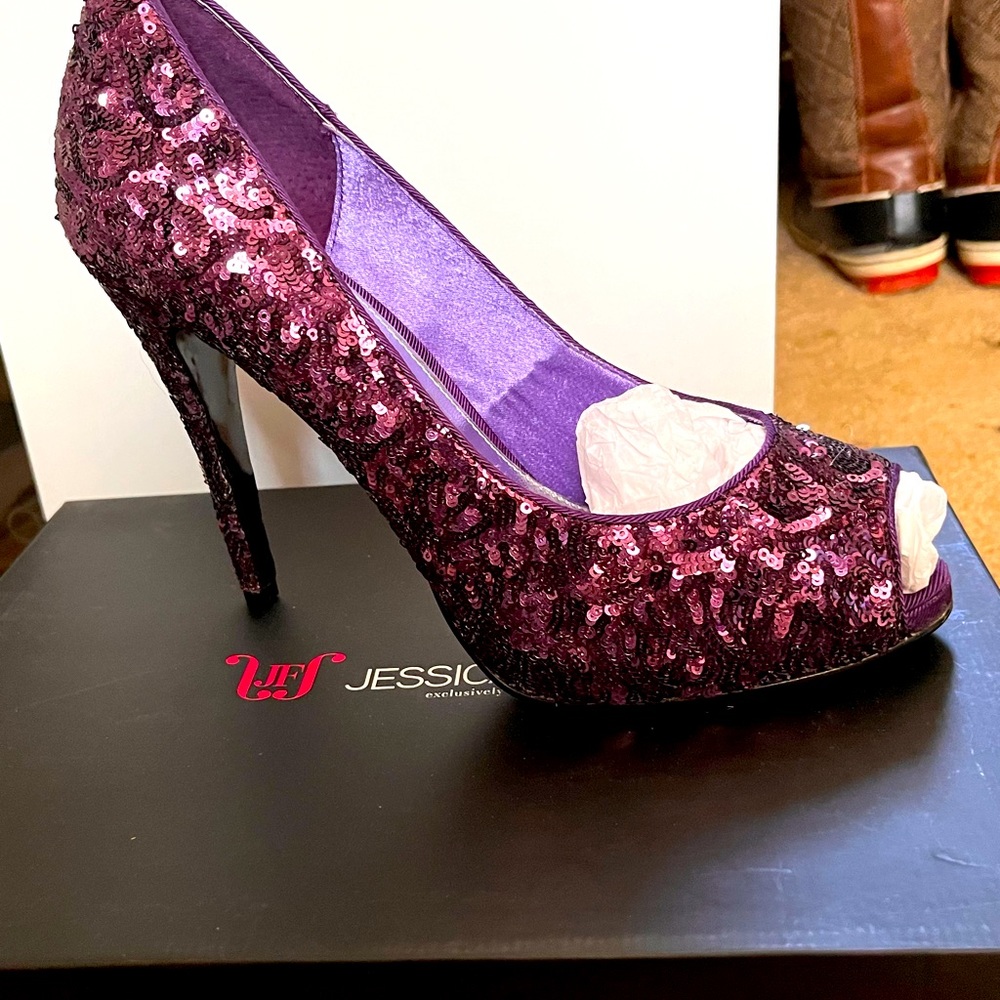 Just fab 4 inch heels. Purple sequin size 11. Jean and tan closed toe size 11.